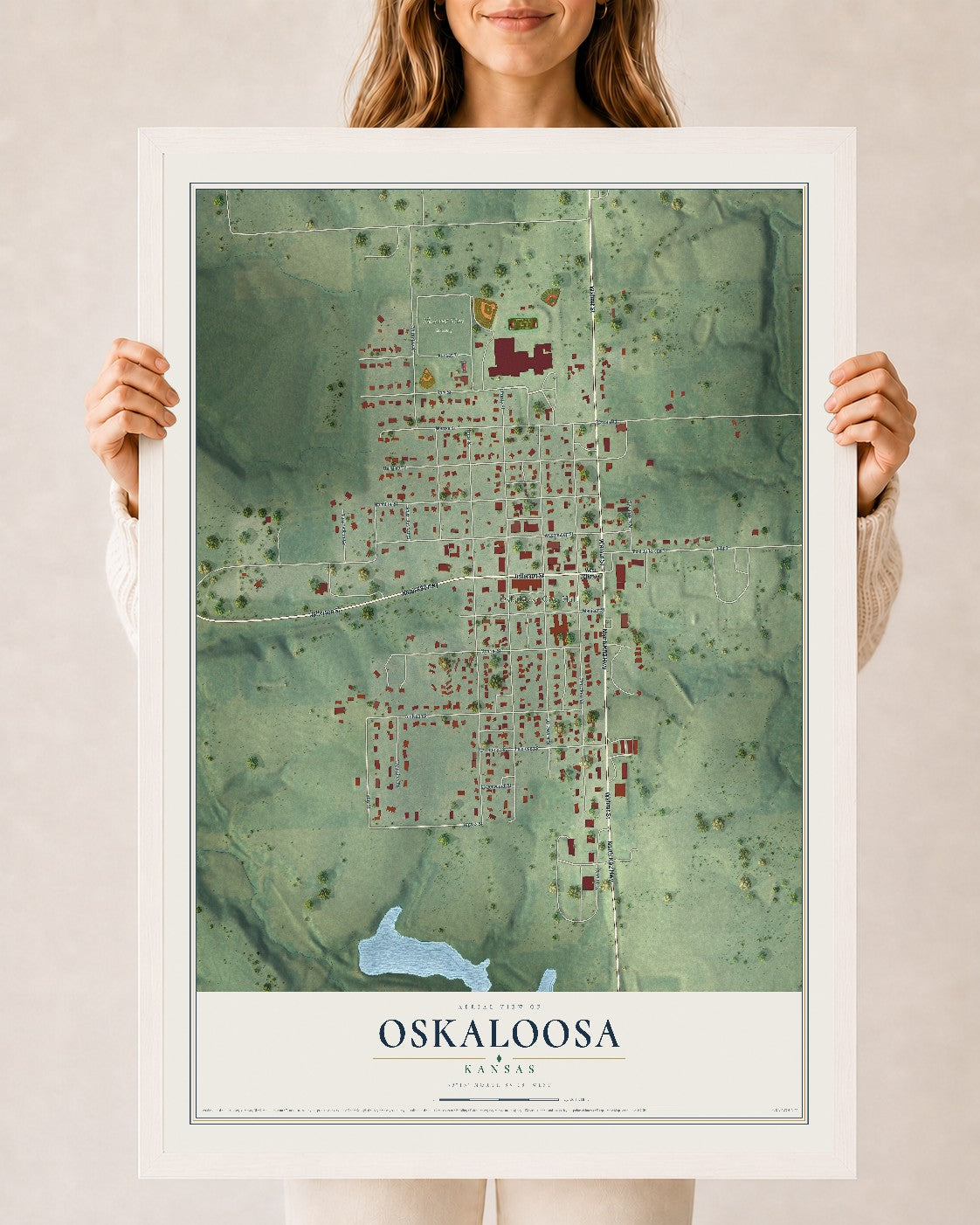 Map of Oskaloosa, Kansas, 24 x 36 inch print in a white wood frame