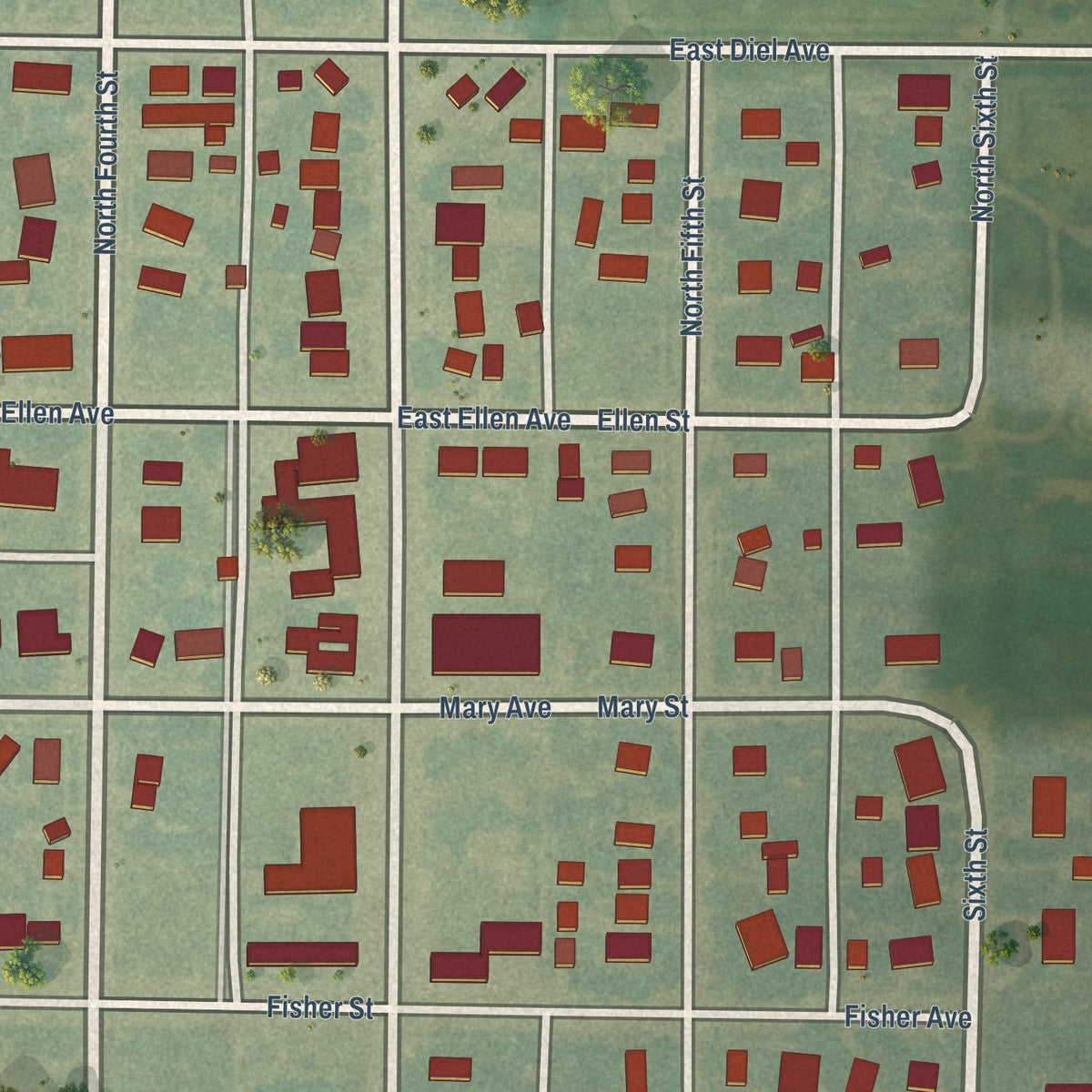 Close-up of the map of Otis, Kansas print showing street and building detail