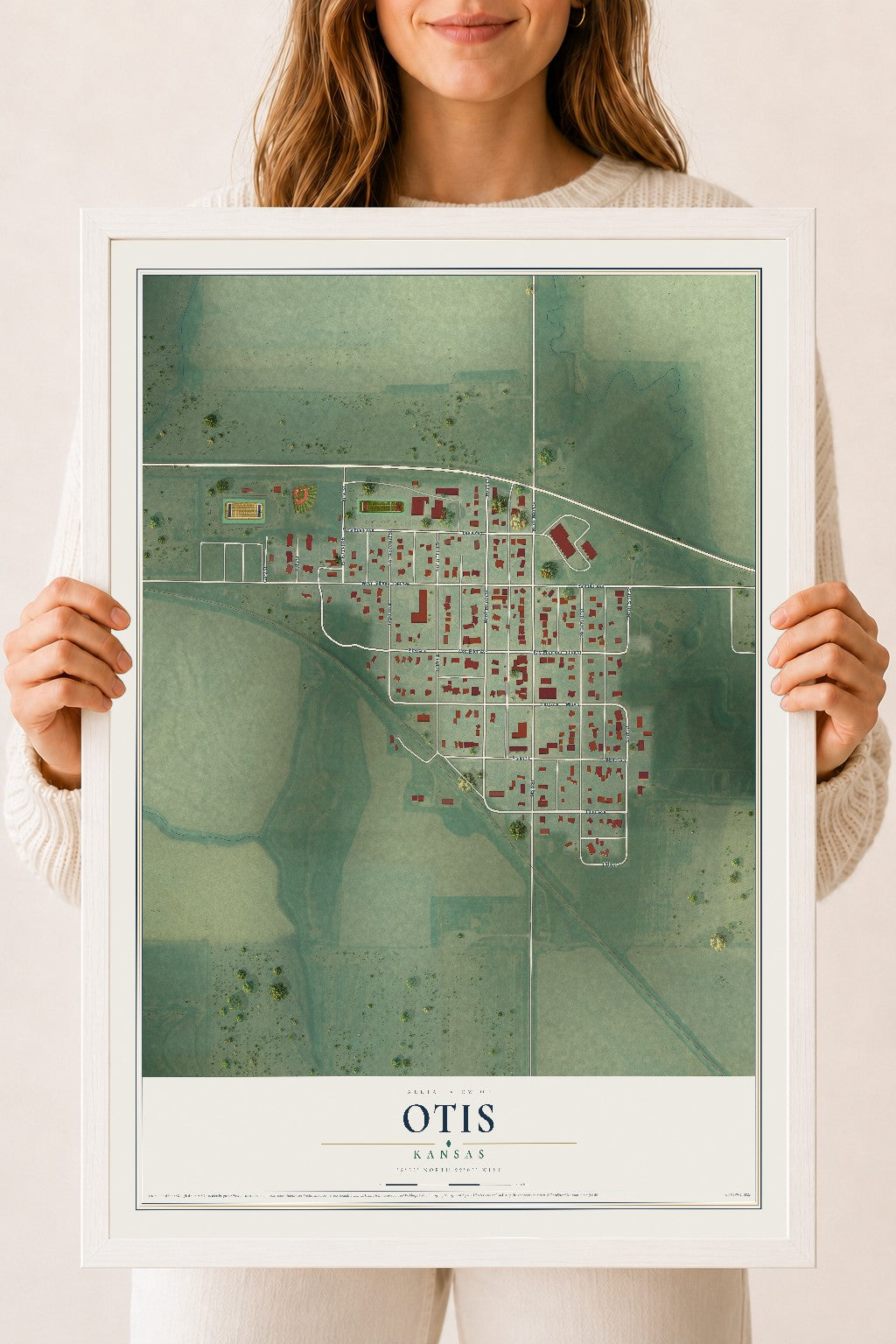 Map of Otis, Kansas, 18 x 24 inch print in a white wood frame