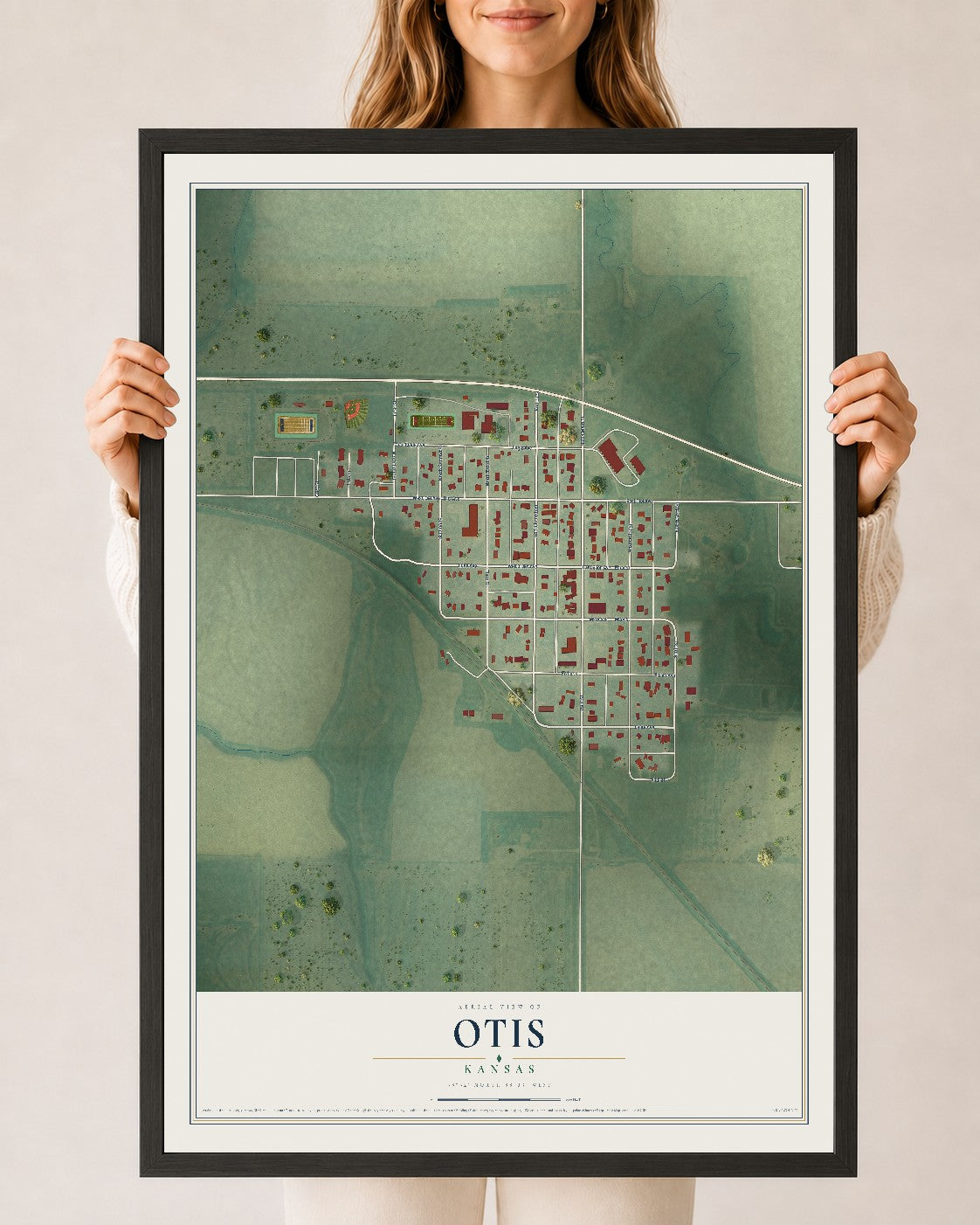 Map of Otis, Kansas, 24 x 36 inch print in a black wood frame