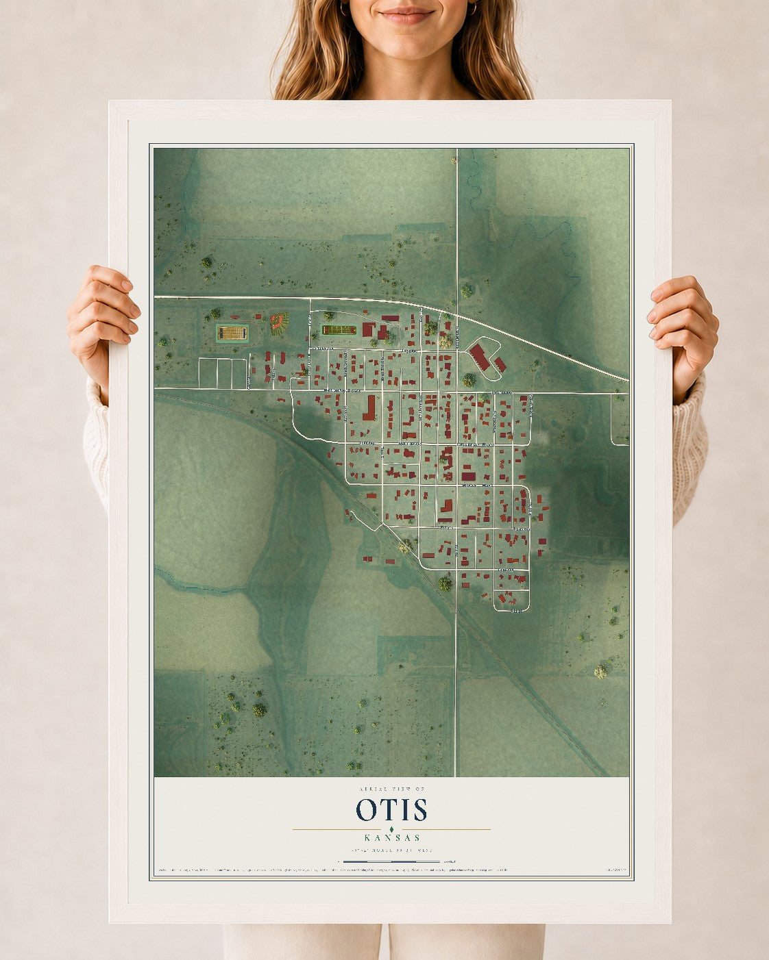 Map of Otis, Kansas, 24 x 36 inch print in a white wood frame