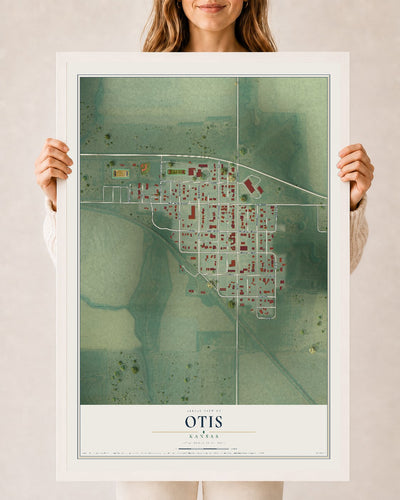 Map of Otis, Kansas, 24 x 36 inch print in a white wood frame