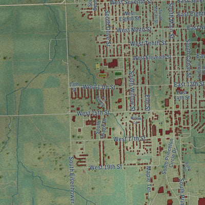 Second close-up of the map of Ottawa, Kansas print showing more streets and buildings
