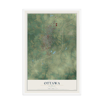 Map of Ottawa, Kansas, 12 x 18 inch print in a white wood frame
