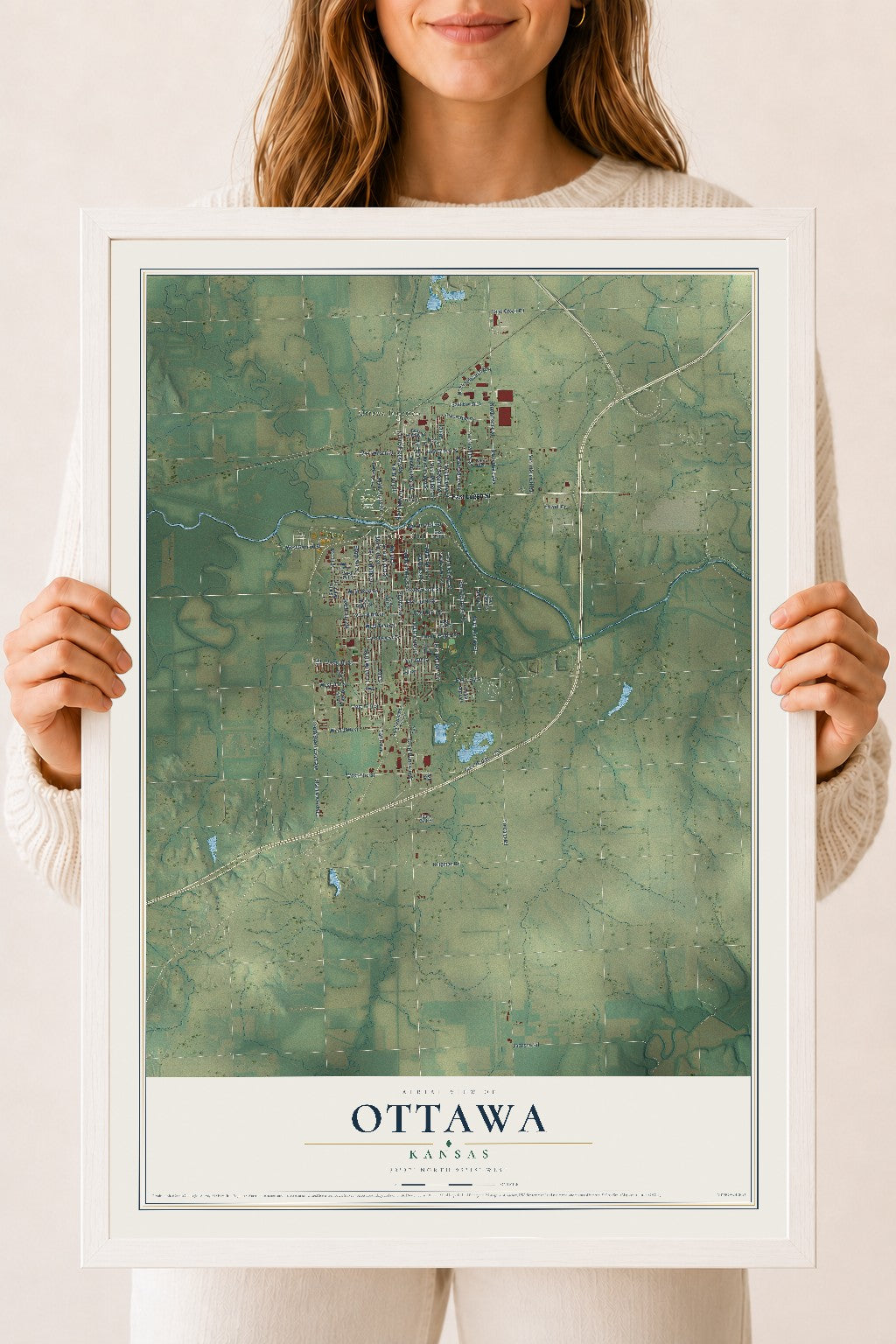 Map of Ottawa, Kansas, 18 x 24 inch print in a white wood frame