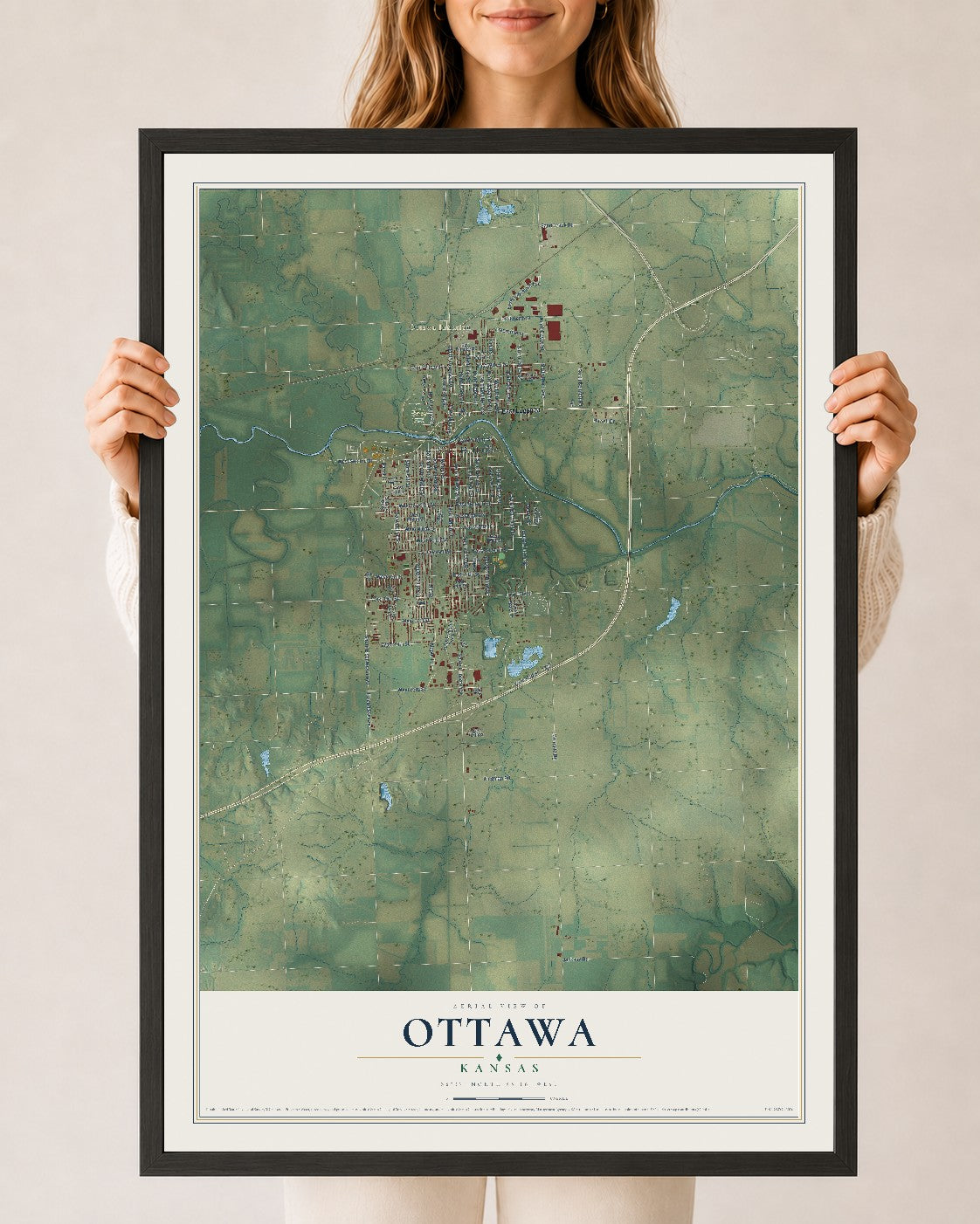 Map of Ottawa, Kansas, 24 x 36 inch print in a black wood frame