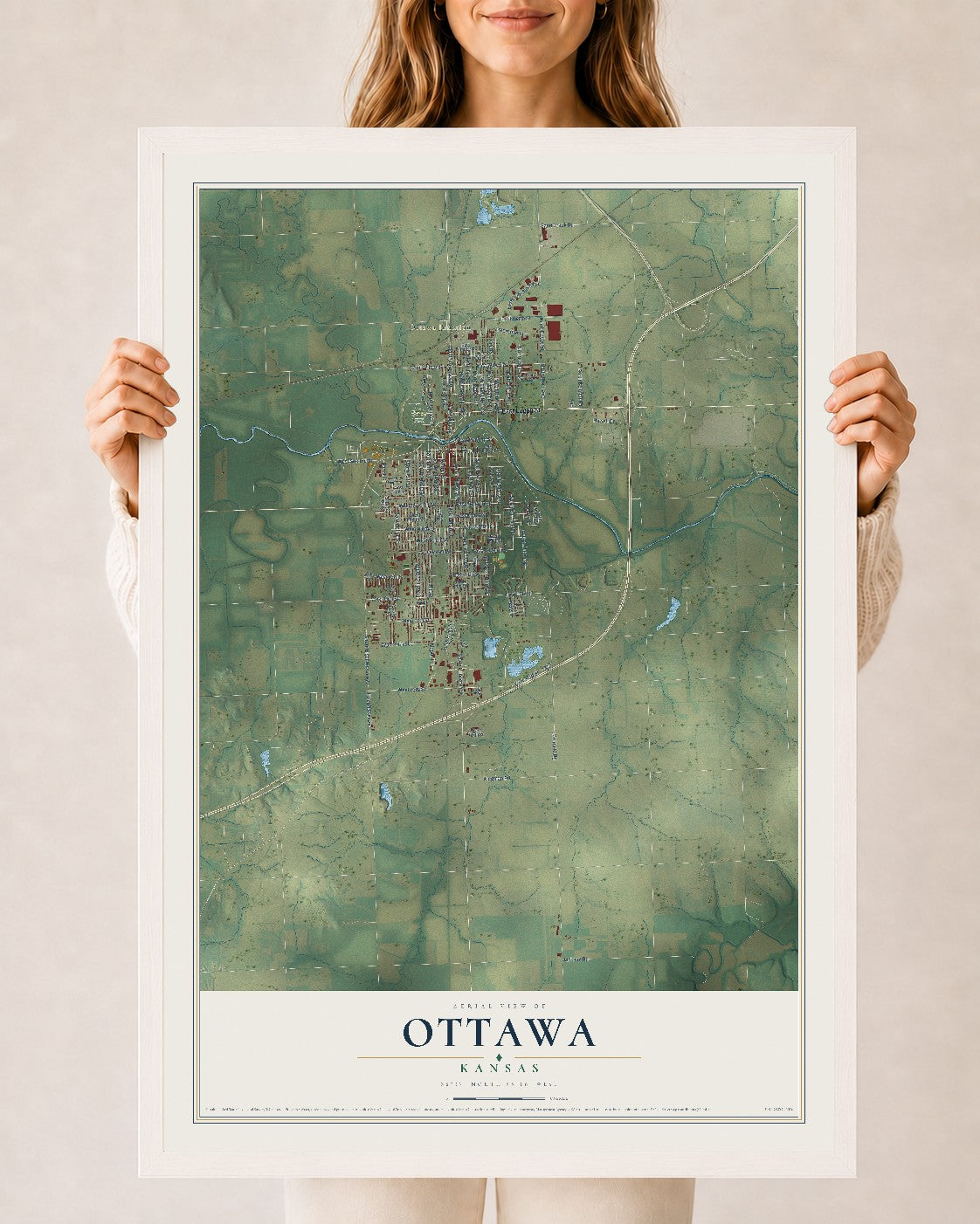 Map of Ottawa, Kansas, 24 x 36 inch print in a white wood frame