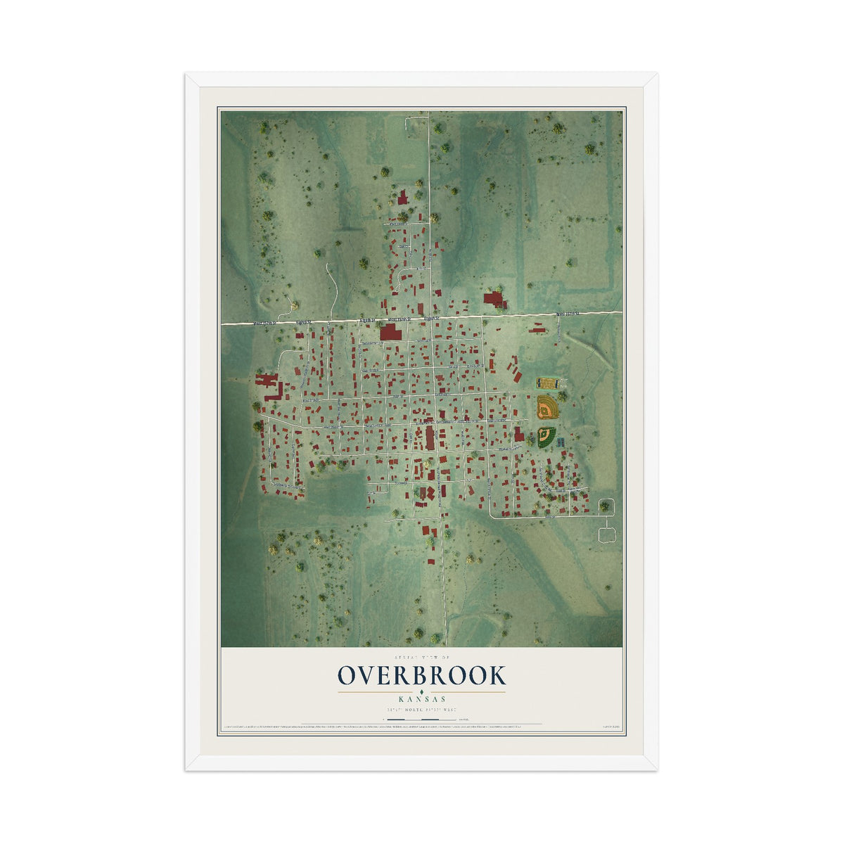 Map of Overbrook, Kansas, 12 x 18 inch print in a white wood frame