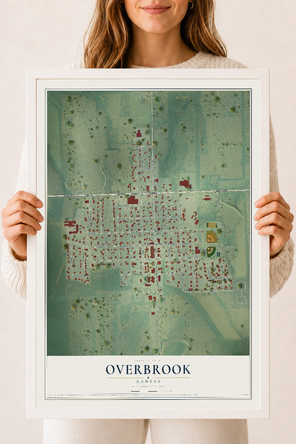 Map of Overbrook, Kansas, 18 x 24 inch print in a white wood frame