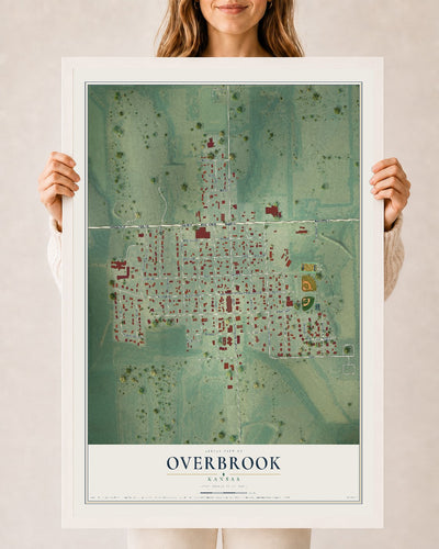Map of Overbrook, Kansas, 24 x 36 inch print in a white wood frame