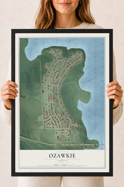 Map of Ozawkie, Kansas, 18 x 24 inch print in a black wood frame