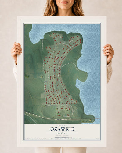 Map of Ozawkie, Kansas, 24 x 36 inch print in a white wood frame
