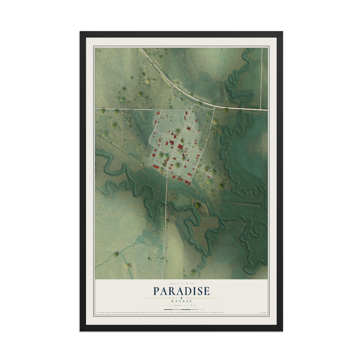 Map of Paradise, Kansas, 12 x 18 inch print in a black wood frame