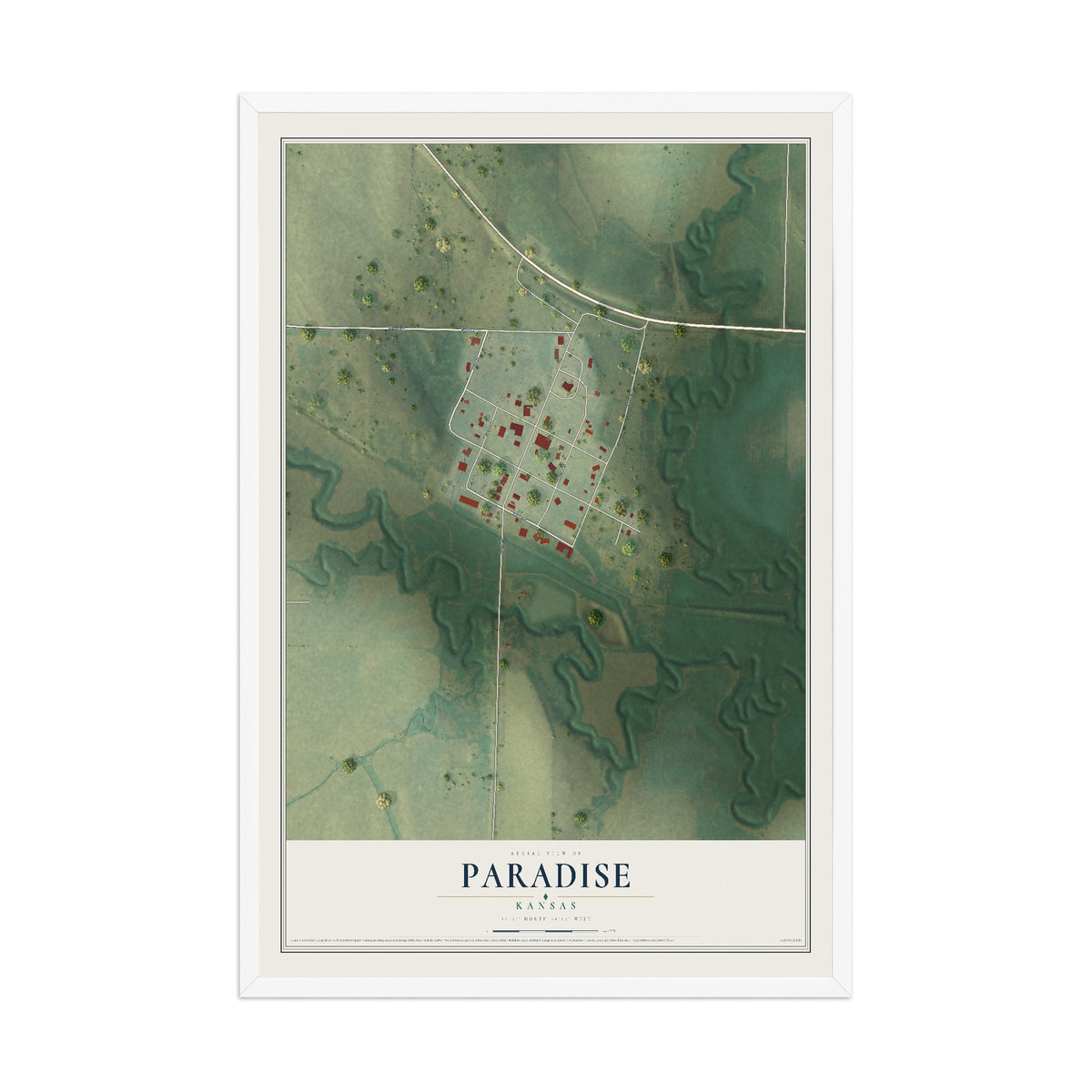 Map of Paradise, Kansas, 12 x 18 inch print in a white wood frame