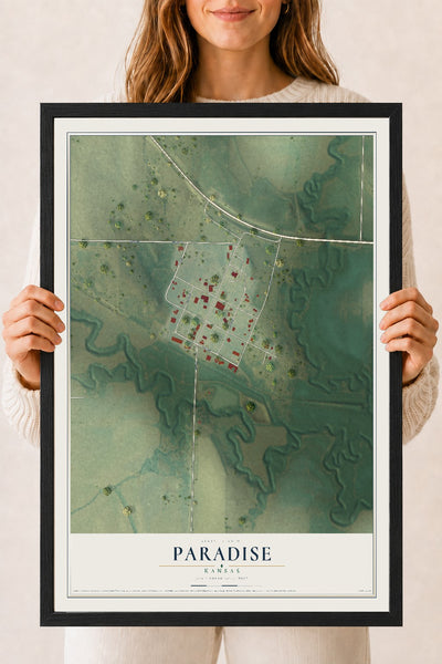 Map of Paradise, Kansas, 18 x 24 inch print in a black wood frame