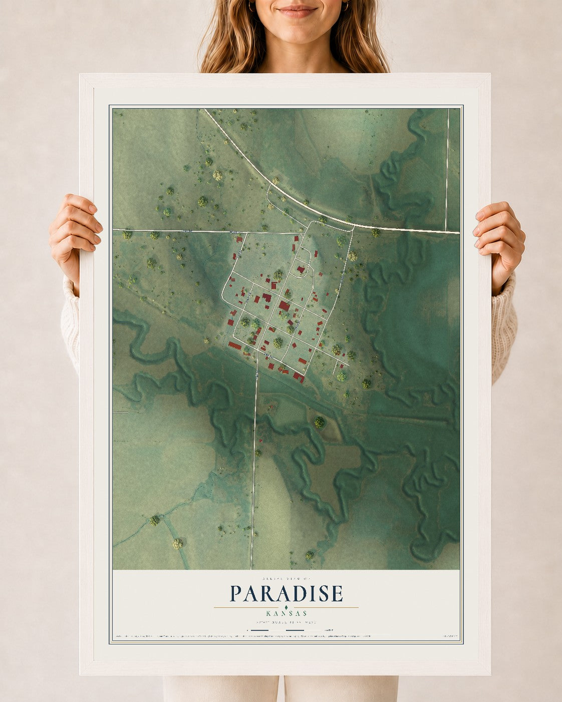 Map of Paradise, Kansas, 24 x 36 inch print in a white wood frame
