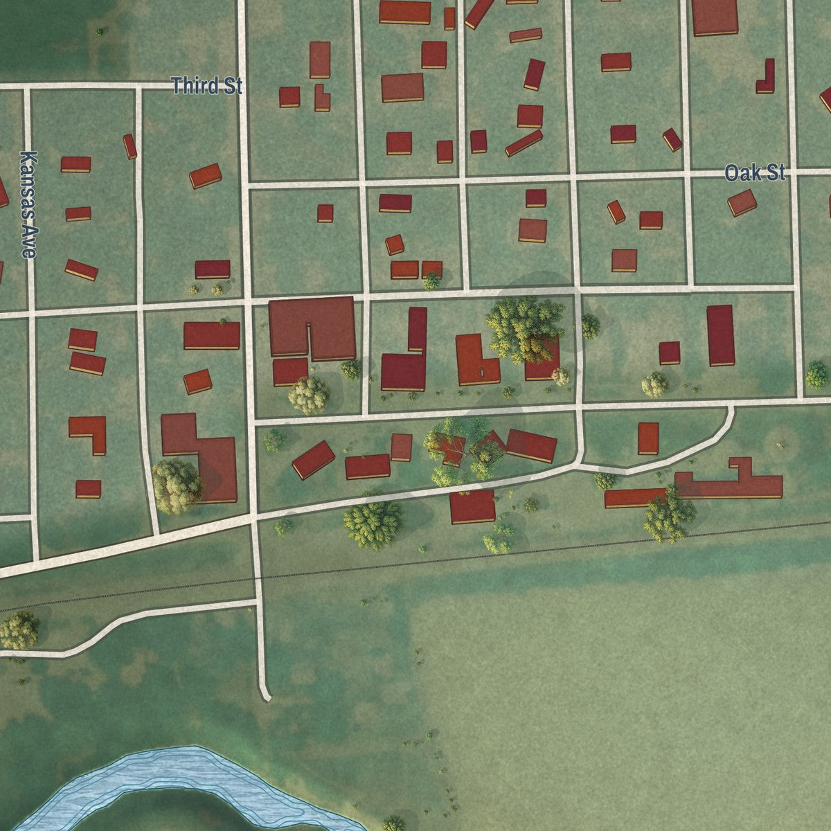 Close-up of the map of Paxico, Kansas print showing street and building detail