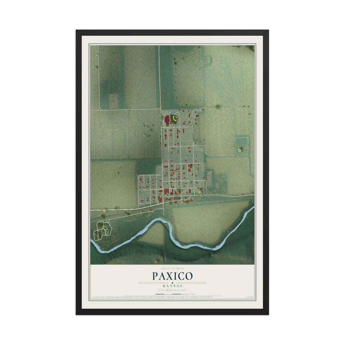 Map of Paxico, Kansas, 12 x 18 inch print in a black wood frame