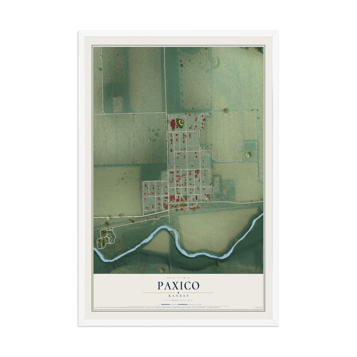 Map of Paxico, Kansas, 12 x 18 inch print in a white wood frame