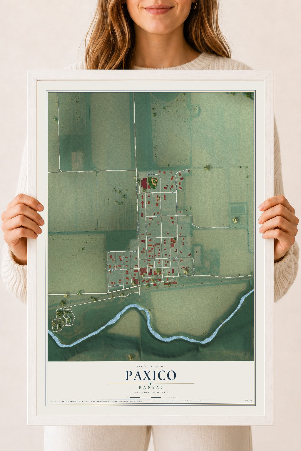 Map of Paxico, Kansas, 18 x 24 inch print in a white wood frame