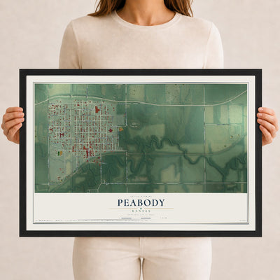 Map of Peabody, Kansas, 12 x 18 inch print in a black wood frame