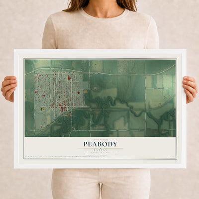 Map of Peabody, Kansas, 12 x 18 inch print in a white wood frame