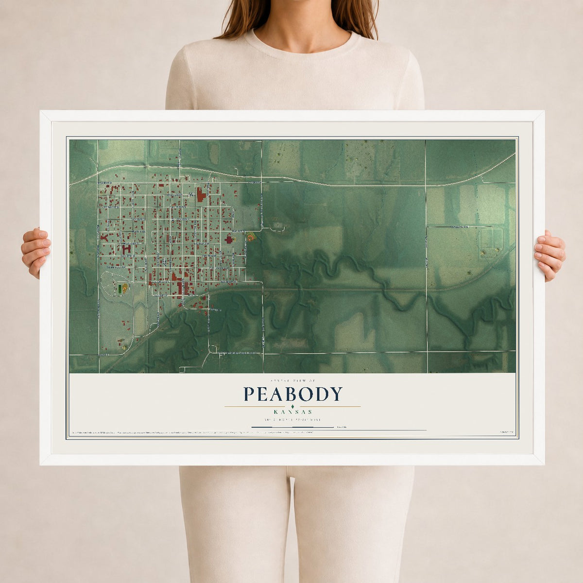 Map of Peabody, Kansas, 24 x 36 inch print in a white wood frame