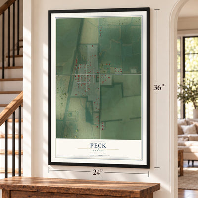 Peck, Kansas map, 24 x 36 inch print in a black frame by a staircase