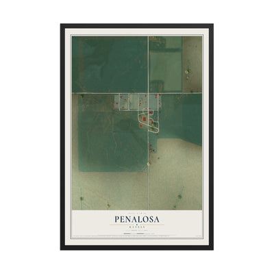Map of Penalosa, Kansas, 12 x 18 inch print in a black wood frame