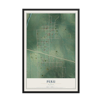 Map of Peru, Kansas, 12 x 18 inch print in a black wood frame