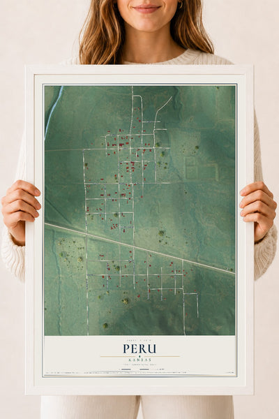 Map of Peru, Kansas, 18 x 24 inch print in a white wood frame