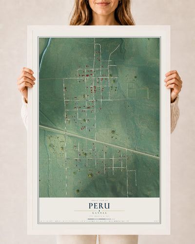 Map of Peru, Kansas, 24 x 36 inch print in a white wood frame