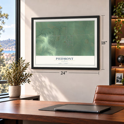 Piedmont, Kansas map, 18 x 24 inch print in a black frame in a home office