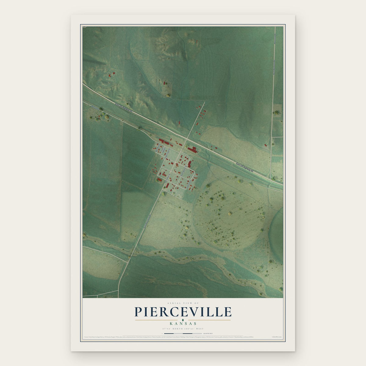 Pierceville, Kansas map print, the full design