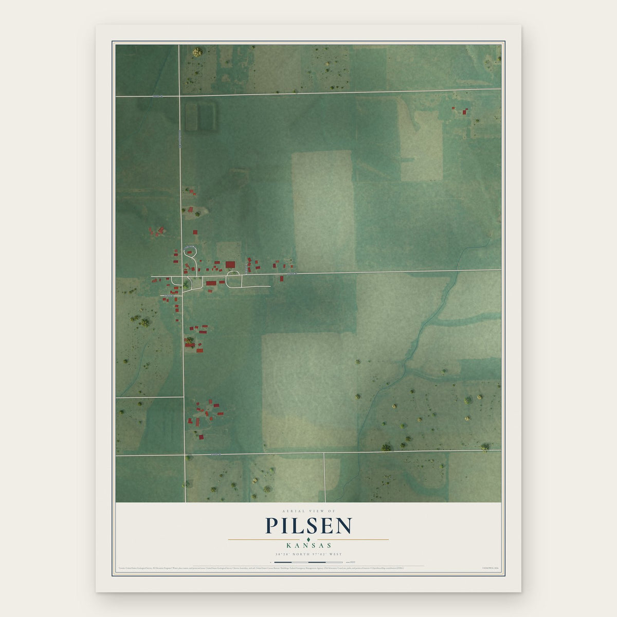 Pilsen, Kansas map print, the full design