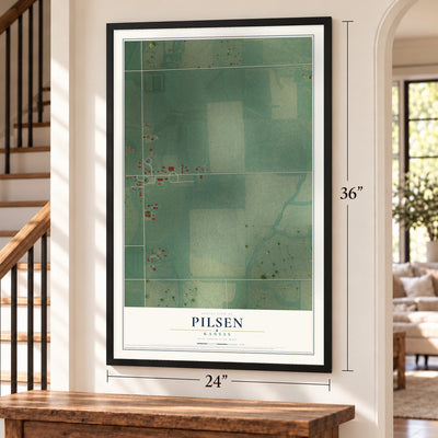Pilsen, Kansas map, 24 x 36 inch print in a black frame by a staircase