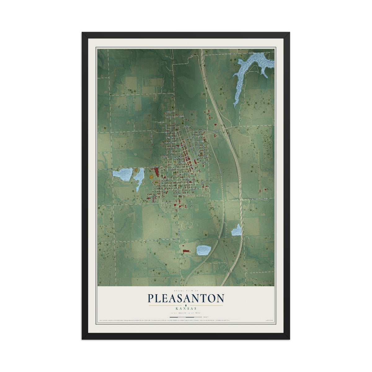 Map of Pleasanton, Kansas, 12 x 18 inch print in a black wood frame