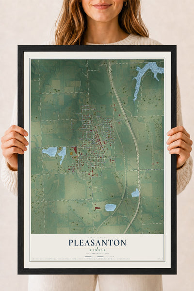 Map of Pleasanton, Kansas, 18 x 24 inch print in a black wood frame