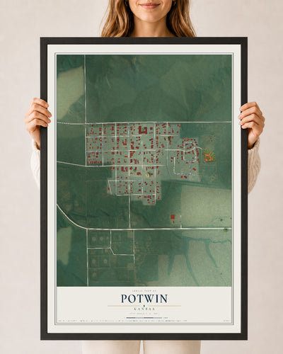 Map of Potwin, Kansas, 24 x 36 inch print in a black wood frame