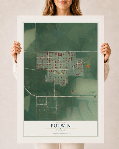 Map of Potwin, Kansas, 24 x 36 inch print in a white wood frame