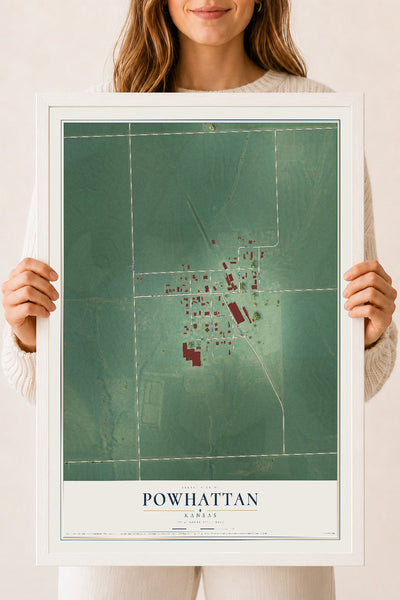 Map of Powhattan, Kansas, 18 x 24 inch print in a white wood frame