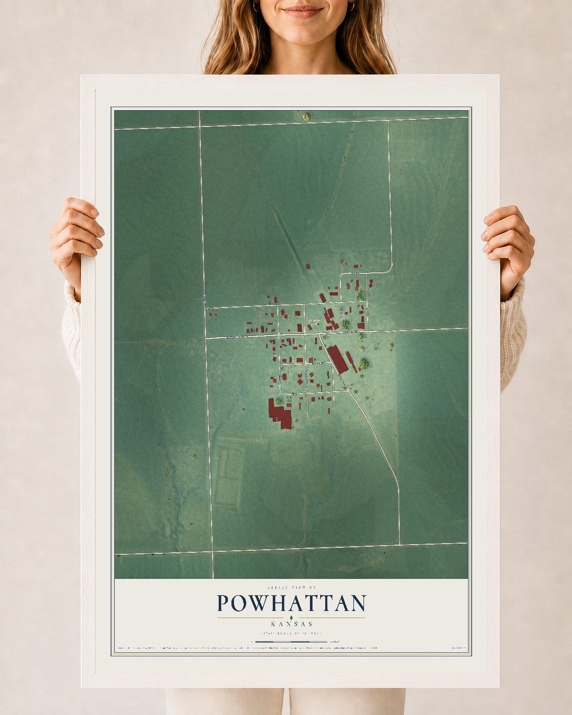 Map of Powhattan, Kansas, 24 x 36 inch print in a white wood frame