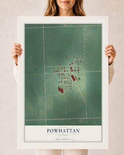 Map of Powhattan, Kansas, 24 x 36 inch print in a white wood frame