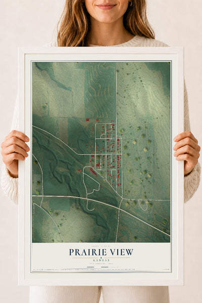 Map of Prairie View, Kansas, 18 x 24 inch print in a white wood frame
