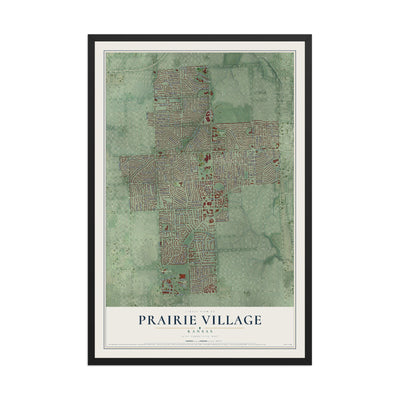 Map of Prairie Village, Kansas, 12 x 18 inch print in a black wood frame