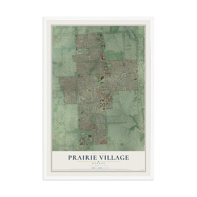 Map of Prairie Village, Kansas, 12 x 18 inch print in a white wood frame