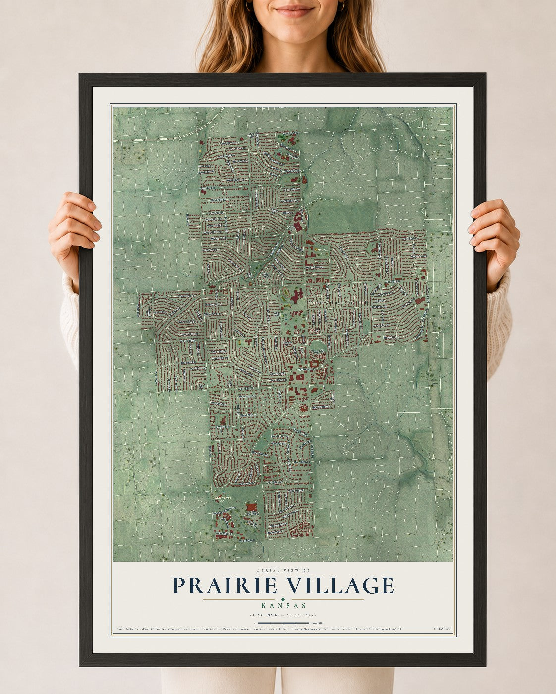 Map of Prairie Village, Kansas, 24 x 36 inch print in a black wood frame