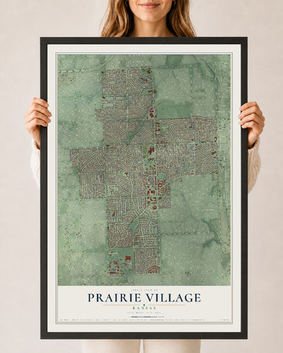 Map of Prairie Village, Kansas, 24 x 36 inch print in a black wood frame