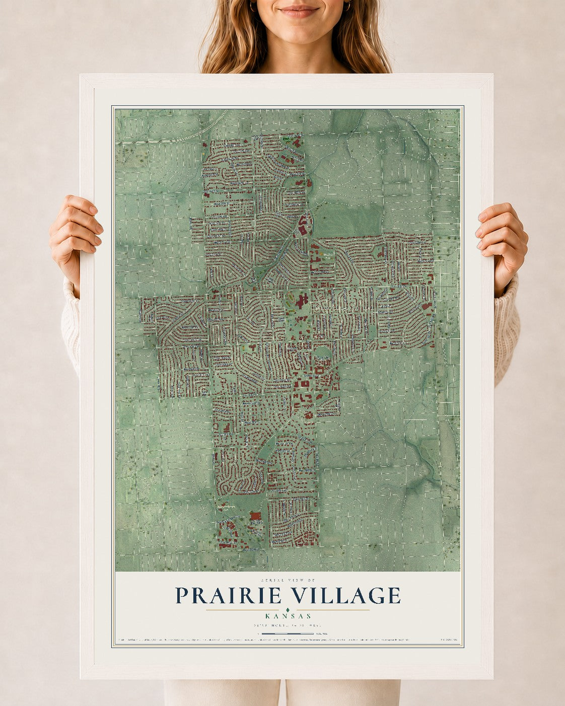 Map of Prairie Village, Kansas, 24 x 36 inch print in a white wood frame