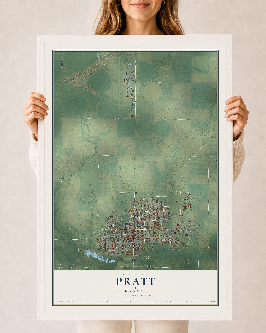 Map of Pratt, Kansas, 24 x 36 inch print in a white wood frame